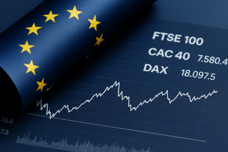 Avrupa Birliği bayrağı, FTSE 100, CAC 40 ve DAX gibi borsa endekslerinin yer aldığı finansal grafik üzerinde kıvrılmış şekilde duruyor.