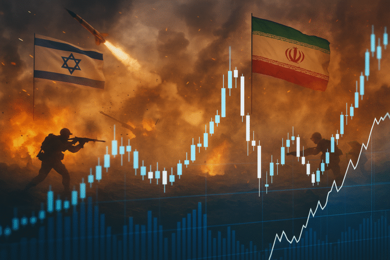 İsrail ve İran arasındaki savaş sahnesi önünde yükselen borsa grafiği, jeopolitik risk ve piyasa volatilitesini temsil ediyor.